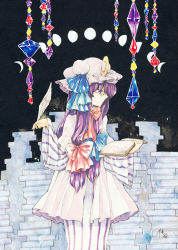 Rule 34 | 1girl, bespectacled, book, crescent, female focus, glasses, hat, moon phases, nakatani, patchouli knowledge, quill, solo, touhou