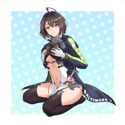 Rule 34 | 1girl, ahoge, armor, ass, azur lane, baltimore (azur lane), black thighhighs, blue background, blue coat, blush, braid, breast hold, breasts, brown hair, center opening, character name, clothing cutout, coat, collar, commentary, english commentary, faulds, french braid, full body, garter straps, gloves, hair between eyes, hands on own breasts, highres, hood, hood down, hooded coat, large breasts, long sleeves, looking at viewer, matthew eldridge, midriff, multicolored coat, navel, no shoes, open clothes, open coat, pelvic curtain, polka dot, polka dot background, seiza, shiny clothes, short hair, side slit, sidelocks, simple background, sitting, smile, solo, stomach, stomach cutout, taut clothes, thighhighs, underboob, underboob cutout, white gloves, yellow eyes