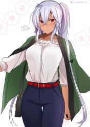 Rule 34 | 1girl, arm at side, bag, belt, black nails, blue pants, breasts, closed mouth, dark-skinned female, dark skin, eyes visible through hair, glasses, hair between eyes, highres, holding, holding bag, jacket, jacket on shoulders, kantai collection, large breasts, long hair, looking at viewer, musashi (kancolle), musashi kai ni (kancolle), nail polish, pants, puffy sleeves, red belt, red eyes, shirt, shirt tucked in, short hair with long locks, silver hair, solo, spoken blush, standing, twintails, two side up, white background, white shirt, yunamaro