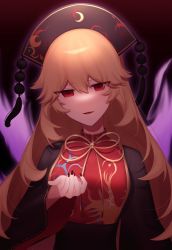 Rule 34 | 1girl, absurdres, black background, black hat, chinese clothes, hair between eyes, hat, highres, jitome, junko (touhou), long hair, mature female, nail polish, nemachi, orange hair, parted lips, red eyes, red nails, shaded face, simple background, smile, solo, tabard, touhou