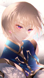 Rule 34 | 1boy, androgynous, bishounen, blonde hair, blue eyes, check commentary, chromatic aberration, closed mouth, commentary request, earrings, eyelashes, glint, gold trim, gradient eyes, hair between eyes, head tilt, highres, hunter x hunter, jewelry, kurapika, light particles, lips, looking at viewer, majamari, male focus, multicolored eyes, pink eyes, short hair, solo, upper body