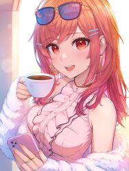 Rule 34 | 1girl, absurdres, ahoge, black-framed eyewear, cellphone, center frills, coat, colored inner hair, cup, earrings, eyewear on head, frills, fur-trimmed coat, fur trim, gold earrings, hair ornament, hairpin, highres, holding, holding cup, holding phone, hololive, hololive dev is, ichijou ririka, jewelry, long hair, looking at viewer, multicolored hair, nail polish, open mouth, orange eyes, orange hair, orange nails, phone, pink shirt, ring, shirt, sleeveless, sleeveless shirt, smartphone, smile, solo, sunglasses, teacup, virtual youtuber, white coat, yako noir (kei-ne)
