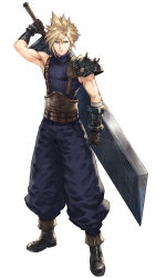 Rule 34 | 1boy, armor, armpits, bandaged arm, bandages, belt, black footwear, blonde hair, brown belt, brown gloves, buster sword, clenched hand, closed mouth, cloud strife, final fantasy, final fantasy vii, full body, gloves, green eyes, grey background, hair between eyes, highres, holding, holding sword, holding weapon, huge weapon, looking at viewer, makimura shunsuke, male focus, over shoulder, pauldrons, puffy pants, scratches, screw, shoulder armor, simple background, single pauldron, solo, spiked hair, square enix, standing, sword, sword over shoulder, turtleneck, weapon, weapon over shoulder, zipper, zipper pull tab