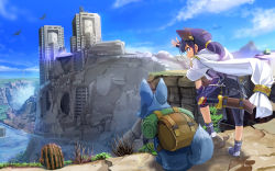 Rule 34 | 1girl, backpack, bag, blue eyes, blue footwear, blue sky, boots, building, cactus, cape, capri pants, cliff, cloud, day, dragon, fantasy, fingerless gloves, from behind, gloves, hair ornament, hand on own knee, highres, knife, leaning forward, looking away, no socks, original, outdoors, pants, plant, ponytail, profile, purple hair, road, rock, scabbard, shading eyes, sheath, sheathed, sky, skyscraper, sleeping bag, smile, standing, sunlight, sword, wapokichi, water, weapon