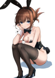 Rule 34 | 1girl, absurdres, alternate costume, animal ears, arm support, bare shoulders, black bow, black bowtie, black leotard, black thighhighs, blue eyes, blush, bow, bowtie, breasts, brown hair, cleavage, closed mouth, collarbone, commentary request, detached collar, eyelashes, fake animal ears, fake tail, fang, fine fabric emphasis, folded ponytail, full body, hair between eyes, head rest, high heels, highleg, highleg leotard, highres, knees together feet apart, knees up, legs, leotard, looking at viewer, medium breasts, medium hair, playboy bunny, rabbit ears, rabbit tail, simple background, sitting, smile, solo, strapless, strapless leotard, subarashiki hibi, tachibana kimika, tail, thighhighs, thighs, toriizu chikin, white background, white wrist cuffs, wrist cuffs