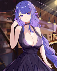 Rule 34 | 1girl, absurdres, alcohol, alternate costume, bar (place), bare arms, bare shoulders, bipup-hola, black choker, blunt bangs, blurry, blurry background, bottle, braid, breasts, ceiling light, choker, cleavage, closed mouth, cocktail dress, collarbone, contemporary, counter, dress, earrings, expressionless, genshin impact, hand up, highres, jewelry, large breasts, long hair, looking at viewer, low-braided long hair, low-tied long hair, mole, mole under eye, nail polish, purple dress, purple eyes, purple hair, purple nails, raiden shogun, shelf, sidelocks, signature, solo, stairs, upper body, very long hair