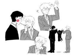 Rule 34 | 3boys, arm up, blush stickers, cigarette, closed eyes, closed mouth, collared shirt, commentary, ekubo (mob psycho 100), english commentary, formal, greyscale, hand in pocket, head rest, highres, holding hands, kageyama shigeo, long sleeves, looking at another, looking at viewer, male focus, mob psycho 100, monochrome, mp100days, multiple boys, necktie, open mouth, pants, reigen arataka, shirt, short hair, simple background, smile, spot color, standing, suit, white background, yoshioka mamoru