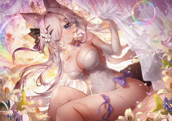Rule 34 | 1girl, animal ears, apple caramel, bare shoulders, black bow, blush, bow, breasts, bridal garter, cleavage, closed mouth, collarbone, commentary request, elbow gloves, eyelashes, flower, gloves, groin, hair between eyes, hair bow, hair flower, hair intakes, hair ornament, hair over one eye, highres, large breasts, leotard, long hair, looking at viewer, neck ribbon, original, petals, purple bow, purple ribbon, ribbon, sidelocks, smile, solo, very long hair, white flower, white gloves, white hair, white leotard