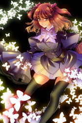 Rule 34 | 1girl, armband, black thighhighs, blue eyes, breasts, bug, butterfly, female focus, hair bobbles, hair ornament, highres, insect, large breasts, long hair, melo (8melo8), pleated skirt, red hair, skirt, solo, thighhighs, umineko no naku koro ni, ushiromiya ange