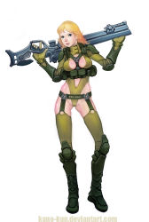 Rule 34 | army, blonde hair, blue eyes, boots, breasts, catsuit, cleavage, fighting, gun, kano-kun, marksman, military, olive, rifle, science fiction, sniper, swimsuit, thighhighs, uniform, warrior, weapon