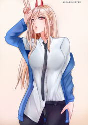 Rule 34 | 1girl, absurdres, alfarejected, arm up, black necktie, black pants, blonde hair, blue jacket, breasts, chainsaw man, commentary, cowboy shot, grey background, hair between eyes, highres, horns, jacket, long hair, looking at viewer, medium breasts, necktie, off shoulder, open clothes, open jacket, open mouth, pants, pink eyes, power (chainsaw man), revision, shirt, simple background, solo, standing, v, very long hair, white shirt