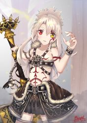 Rule 34 | 1girl, :d, armor, artist name, belt, belt bra, black skirt, blurry, blurry background, brown thighhighs, chain, commentary, cosplay, cowboy shot, dated, eyes visible through hair, facial tattoo, fate/kaleid liner prisma illya, fate (series), flat chest, flugel, foreshortening, full-body tattoo, fur collar, hand up, head tilt, heracles (fate), heracles (fate) (cosplay), heterochromia, highres, holding, holding staff, huge weapon, illyasviel von einzbern, legs apart, long hair, looking at viewer, open mouth, outdoors, parted lips, petals, ponytail, red eyes, skirt, smile, solo, spikes, staff, standing, stomach tattoo, studded bracelet, tattoo, thighhighs, tree, very long hair, weapon, white hair, wrist cuffs, yellow eyes, zettai ryouiki