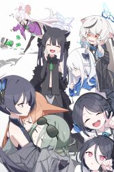 Rule 34 | &lt;key&gt; (blue archive), 6+girls, absurdres, ahoge, animal, animal ears, apron, aris (blue archive), aris (maid) (blue archive), black dress, black gloves, black hair, black thighhighs, blue archive, blue halo, blue hoodie, braid, brown hair, china dress, chinese clothes, closed eyes, closed mouth, coat, dress, flying sweatdrops, gloves, green hair, grey coat, grey hair, grey halo, halo, highres, hood, hood down, hoodie, kisaki (blue archive), kokona (blue archive), long hair, long sleeves, mina (blue archive), miyako (blue archive), mmhomm, mouse (animal), mouse ears, multicolored hair, multiple girls, official alternate costume, one side up, open mouth, orange eyes, pom pom (clothes), ponytail, purple eyes, red eyes, ringed eyes, rumi (blue archive), saya (blue archive), shaded face, short sleeves, shun (blue archive), shun (small) (blue archive), simple background, smile, streaked hair, striped coat, thighhighs, tiger ears, twintails, vertical-striped coat, white apron, white background