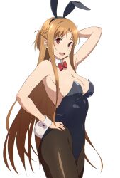 Rule 34 | 1girl, :d, alternate costume, animal ears, arm behind head, arm up, armpits, asuna (sao), black leotard, black pantyhose, bow, bowtie, braid, breasts, brown eyes, brown hair, bunny day, cowboy shot, detached collar, fake animal ears, fake tail, french braid, from side, hand on own hip, highleg, highleg leotard, large breasts, leotard, long hair, looking at viewer, model pose, open mouth, pantyhose, playboy bunny, puge, rabbit ears, rabbit tail, red bow, red bowtie, short ponytail, smile, solo, sword art online, tail, white background, white wrist cuffs, wrist cuffs