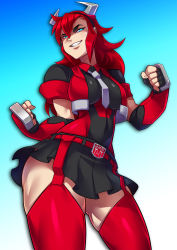 Rule 34 | 1girl, absurdres, autobot, breasts, cliffjumper, garter straps, gender request, genderswap, highres, horns, long hair, miniskirt, personification, red hair, red thighhighs, ryuusei (mark ii), school uniform, skirt, solo, standing, thick eyebrows, thighhighs, thighs, transformers, transformers prime