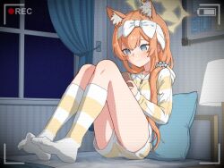 1girl animal_ear_fluff animal_ears battery_indicator bed_sheet blue_archive blue_eyes bow cat_ears cat_girl closed_mouth commentary_request curtains desk_lamp extra_ears hair_bow halo headband holding holding_phone hooded_shirt indoors knees_up lamp long_hair long_sleeves looking_at_phone low_twintails mari_(blue_archive) on_bed orange_hair phone recording shirt short_shorts shorts sitting smile socks soles solo special_cat striped_clothes striped_shirt striped_socks thighs twintails white_bow white_headband yellow_halo zipper_pull_tab