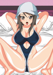 Rule 34 | 1girl, absurdres, armpits, arms behind head, blush, breasts, brown eyes, brown hair, covered erect nipples, girls und panzer, highres, large breasts, long hair, looking at viewer, lying, mevius9, mika (girls und panzer), on back, on bed, open mouth, slingshot swimsuit, solo, spread legs, swimsuit, tongue, tongue out, tulip hat