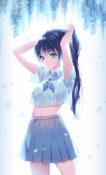 Rule 34 | 1girl, adjusting hair, arms up, ascot, bad id, bad twitter id, black hair, blouse, blue ascot, blue eyes, blue skirt, blurry, closed mouth, collared shirt, cowboy shot, expressionless, flower, hands in hair, highres, hyuding (hhgy0925), long hair, looking at viewer, midriff, miniskirt, navel, original, petals, pleated skirt, ponytail, school uniform, shirt, short sleeves, skirt, solo, standing, white shirt, wisteria