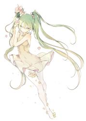 Rule 34 | 1girl, blush, breasts, dress, flower, full body, green eyes, green hair, hatsune miku, long hair, looking at viewer, lpip, pale skin, petals, small breasts, smile, solo, twintails, very long hair, vocaloid, white background