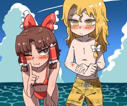 Rule 34 | 1boy, 1girl, benikurage (cookie), bikini, blue sky, blush, bow, breasts, bright pupils, brown eyes, brown hair, closed mouth, cloud, commentary request, contrail, cookie (touhou), cowboy shot, day, fang, fang out, frilled bow, frilled hair tubes, frills, genderswap, genderswap (ftm), hair bow, hair tubes, hakurei reimu, horizon, index finger raised, kirisame marisa, leaning forward, long hair, looking at viewer, male swimwear, medium bangs, navel, ocean, one eye closed, parody, parted bangs, red bikini, red bow, rei (cookie), rikadai, scotch (cookie) (style), sky, small breasts, smile, style parody, swim trunks, swimsuit, touhou, trap, white bow, white pupils, yellow male swimwear