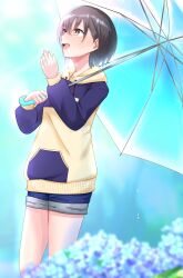 Rule 34 | 1girl, bang dream!, bang dream! it&#039;s mygo!!!!!, blue flower, blue hoodie, blue shorts, blurry, blurry foreground, commentary request, day, drawstring, flower, fukumaru1021, grey hair, highres, holding, holding umbrella, hood, hoodie, long sleeves, looking up, open mouth, outdoors, red eyes, short hair, shorts, smile, solo, takamatsu tomori, transparent, transparent umbrella, two-tone hoodie, umbrella, water drop, yellow hoodie