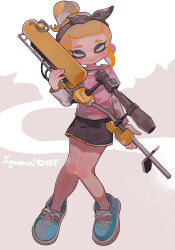 Rule 34 | 1girl, absurdres, artist name, black hairband, black shorts, blonde hair, blue footwear, blunt bangs, blush, blush stickers, closed eyes, closed mouth, commentary request, e-liter 4k (splatoon), grey background, gun, hairband, high ponytail, highres, holding, holding gun, holding weapon, iguana152588, layered sleeves, long sleeves, nintendo, octoling, octoling girl, octoling player character, pink shirt, ponytail, shirt, shoes, short over long sleeves, short ponytail, short shorts, short sleeves, shorts, sidelocks, simple background, smile, sneakers, solo, splatoon (series), splatoon 2, t-shirt, tentacle hair, two-tone background, weapon, white background, white shirt