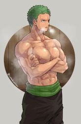 Rule 34 | 1boy, abs, bara, commentary request, green hair, large pectorals, male focus, mature male, muscular, muscular male, navel, nipples, one piece, pectorals, roronoa zoro, scar, short hair, solo, stomach, topless male, torakichi (ebitendon)