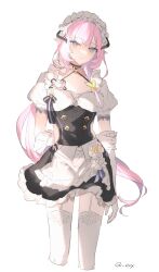 Rule 34 | 1girl, absurdres, arm behind back, arm grab, black dress, blue eyes, closed mouth, commentary, cropped legs, dress, elbow gloves, elysia (honkai impact), elysia (miss pink elf) (honkai impact), eve (meltdown), frilled gloves, frills, garter straps, gloves, highres, honkai (series), honkai impact 3rd, long hair, looking at viewer, maid, pink hair, pointy ears, puffy short sleeves, puffy sleeves, short sleeves, simple background, smile, solo, thighhighs, twitter username, very long hair, white background, white gloves, white thighhighs