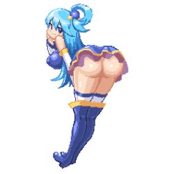 Rule 34 | aqua (konosuba), ass, ass focus, bai linqin, bare shoulders, blue eyes, blue footwear, blue hair, boots, breasts, covered erect nipples, detached sleeves, hair between eyes, kono subarashii sekai ni shukufuku wo!, long hair, lowres, parted lips, pixel art, shiny skin, simple background, smile, solo, thigh boots, thighhighs, transparent background, white background, white thighhighs