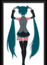 Rule 34 | 1girl, adjusting hair, aqua hair, armpits, arms up, backlighting, bare shoulders, belt, black thighhighs, border, detached sleeves, female focus, from behind, green hair, hair ornament, halterneck, hatsune miku, headphones, highres, holding, holding hair, kneepits, long hair, miniskirt, oonishi shunsuke, pleated skirt, shirt, simple background, skirt, solo, standing, thighhighs, twintails, very long hair, vocaloid, white background, wide sleeves