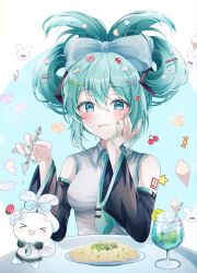 Rule 34 | &gt; &lt;, 1girl, :d, :p, absurdres, aqua eyes, aqua hair, aqua nails, aqua necktie, arm tattoo, bare shoulders, black sleeves, blue bow, blush, blush stickers, bow, candy, cherry, cinnamiku, cinnamoroll, closed mouth, collared shirt, commentary, cup, detached sleeves, drinking glass, drinking straw, ear bow, eyelashes, fingernails, food, food on face, fruit, grey shirt, hair between eyes, hair bow, hair ornament, hairclip, hand on own cheek, hand on own face, hands up, hatsune miku, heart, highres, holding, ice cream cone, kiwi (fruit), kiwi slice, long hair, long sleeves, looking at viewer, nail polish, necktie, noodles, number tattoo, open mouth, plate, ryunbi, sanrio, shirt, sidelocks, sleeveless, sleeveless shirt, smile, star (symbol), sticker, strawberry, table, tattoo, tie clip, tied ears, tongue, tongue out, two-tone background, unicorn, updo, upper body, vocaloid, whipped cream, wide sleeves, wing collar, x hair ornament