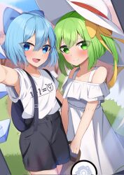 Rule 34 | 2girls, :d, alternate costume, bare shoulders, black shorts, blue eyes, blue hair, blush, bow, bright pupils, casual, cirno, closed mouth, clothes writing, collarbone, commentary request, commission, contemporary, corrupted twitter file, cowboy shot, daiyousei, day, dress, eyes visible through hair, fang, green eyes, green hair, hair between eyes, hair bow, hair ribbon, hand up, happy, hat, highres, ice, ice wings, kirisame oreo, long dress, looking at viewer, medium hair, multiple girls, off-shoulder dress, off shoulder, one side up, open mouth, outdoors, ribbon, selfie, shirt, short hair, short sleeves, shorts, skeb commission, smile, split mouth, sundress, suspender shorts, suspenders, touhou, tsurime, white dress, white hat, white shirt, wings, yellow bow, yellow ribbon