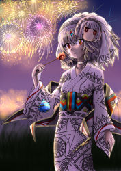 Rule 34 | 1girl, absurdres, altera (fate), black nails, breasts, choker, commentary request, dark-skinned female, dark skin, fate/grand order, fate (series), feet out of frame, fingernails, firework background, fireworks, food, grass, hair ornament, headdress, highres, holding, holding food, japanese clothes, jewelry, kimono, looking at viewer, multicolored sky, nail polish, night, open mouth, outdoors, over3010, patterned clothing, red eyes, short hair, sky, small breasts, solo, standing, tan, veil, white hair, yukata