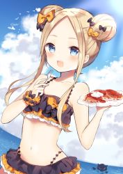 Rule 34 | 1girl, :d, abigail williams (fate), absurdres, bikini, black bow, blonde hair, blue eyes, blue sky, blush, bow, collarbone, day, double bun, fate/grand order, fate (series), flat chest, fork, hair bow, hair bun, highres, holding, holding fork, holding plate, long hair, looking at viewer, navel, octopus, official alternate costume, open mouth, orange bow, outdoors, parted bangs, plate, shiino sera, sky, smile, solo, sunlight, swimsuit, twintails, wrist cuffs
