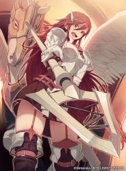 Rule 34 | 1girl, 40hara, armor, blush, boobplate, boots, breastplate, company name, copyright name, cordelia (fire emblem), dress, fire emblem, fire emblem awakening, fire emblem cipher, garter straps, hair ornament, highres, holding, holding weapon, long hair, nintendo, official art, open mouth, pegasus, polearm, red eyes, red hair, solo, thighhighs, thighhighs under boots, thighs, weapon, zettai ryouiki