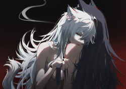 Rule 34 | 2girls, absurdres, animal ear fluff, animal ears, arknights, black nails, blonde hair, completely nude, dark background, grey eyes, grey hair, hair ornament, hairclip, highres, lappland (arknights), licking, licking shoulder, long hair, messy hair, multiple girls, nail polish, nude, originium arts (arknights), senkane, tail, texas (arknights), tongue, tongue out, upper body, wolf ears, wolf girl, wolf tail, yuri