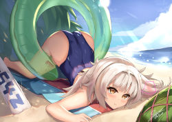 Rule 34 | 1girl, absurdres, azur lane, bare shoulders, beach, beach towel, blue one-piece swimsuit, blunt bangs, closed mouth, competition swimsuit, food, fruit, highres, innertube, light rays, long hair, looking at viewer, lying, mole, mole under eye, on stomach, one-piece swimsuit, sand, sidelocks, signature, silver hair, skai kun, solo, sun, sunbeam, sunlight, swim ring, swimsuit, top-down bottom-up, towel, very long hair, water, watermelon, yellow eyes, z46 (azur lane), z46 (her first summer) (azur lane)