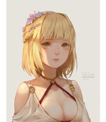 Rule 34 | 1girl, artist name, blonde hair, border, braid, breasts, character name, cleavage, closed mouth, collar, copyright name, echosdoodle, english text, flower, green eyes, hair flower, hair ornament, medium breasts, mole, mole under eye, persephone (tower of saviors), short hair, solo, tower of saviors, upper body