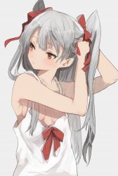 Rule 34 | 10s, 1girl, adjusting hair, agu, amatsukaze (kancolle), blush, breasts, brown eyes, grey background, highres, kantai collection, long hair, silver hair, simple background, sleeveless, small breasts, solo