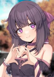 Rule 34 | 1girl, absurdres, bare shoulders, blurry, blurry background, blurry foreground, bow, brown hair, closed mouth, cloud, collarbone, commentary, dress, fallenshadow, hair bow, heart, heart hands, highres, indie virtual youtuber, light blush, looking at viewer, medium hair, off-shoulder dress, off shoulder, outdoors, purple bow, purple dress, purple eyes, purple ribbon, ribbon, sky, smile, solo, tree, upper body, valefal coneri, virtual youtuber, wrist cuffs