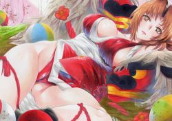 Rule 34 | 1girl, absurdres, bare shoulders, blush, breasts, brown hair, cleavage, fatal fury, highres, japanese clothes, large breasts, lion dance, long hair, looking at viewer, marker (medium), ninja, parted bangs, pelvic curtain, ponytail, red eyes, rozarin, shiranui mai, shishimai, smile, socks, solo, the king of fighters, traditional media