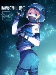 Rule 34 | 1girl, ass, blonde hair, blue eyes, blue pants, chitetan, commentary, copyright name, german flag, gun, hand up, handgun, headpiece, helmet, holding, holding gun, holding weapon, hood, hood down, hoodie, iq (rainbow six siege), looking at viewer, looking to the side, mask, mouth mask, pants, pistol, rainbow six siege, short hair, solo, v-shaped eyebrows, visor, weapon, weapon request, white hoodie