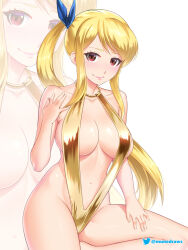 Rule 34 | 1girl, bare arms, bare legs, bare shoulders, blonde hair, blue ribbon, breasts, brown eyes, commentary, commission, english commentary, etchimune, fairy tail, hair ribbon, large breasts, looking at viewer, lucy heartfilia, one-piece swimsuit, pink lips, ribbon, side ponytail, slingshot swimsuit, smile, solo, swimsuit, thighs, yellow one-piece swimsuit, yellow slingshot swimsuit, zoom layer