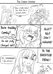 Rule 34 | 3girls, 3koma, :d, ^ ^, anger vein, apron, bare shoulders, beret, blush, breasts, character name, cleavage, closed eyes, comic, commentary, crossover, english text, fang, frilled apron, frills, gambier bay (kancolle), girls&#039; frontline, greyscale, guin guin, hair between eyes, hair ornament, hairband, hat, holding, hug, italian text, jacket, kantai collection, long hair, long sleeves, mini hat, monochrome, multiple girls, open mouth, pleated skirt, ppk (girls&#039; frontline), s.a.t.8 (girls&#039; frontline), skirt, smile, stun gun, sweat, twintails, very long hair, x hair ornament