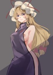 Rule 34 | 1girl, arms behind back, bare shoulders, blonde hair, blush, bow, breasts, closed mouth, collarbone, commentary request, cowboy shot, from below, grey background, hair between eyes, hair bow, hat, hat ribbon, highres, large breasts, light smile, long hair, looking at viewer, meji aniki, mob cap, naked tabard, nipple slip, nipples, purple eyes, red bow, red ribbon, ribbon, simple background, solo, standing, tabard, touhou, very long hair, white hat, yakumo yukari