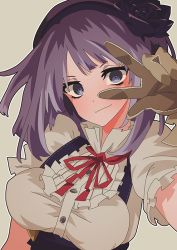 Rule 34 | 10s, 1girl, blue eyes, breasts, brown gloves, dagashi kashi, gloves, grey background, leather, leather gloves, looking at viewer, maikeru (dk maikel), peace symbol, purple hair, shidare hotaru, short hair, simple background, smile, solo, v, w