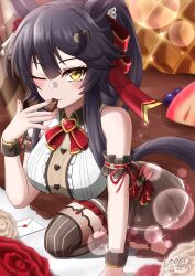 Rule 34 | 1girl, alternate costume, animal ears, armband, bandaid, bandaid on face, bandaid on nose, black hair, blush, bow, breasts, brown skirt, brown thighhighs, center frills, chocolate, commentary request, ear ornament, flower, food, frills, fruit, garter straps, highres, horse ears, horse girl, large breasts, lens flare, long hair, mouth hold, narita brian (umamusume), one eye closed, ponytail, red bow, rose, shinonome (shinonome rynn), shirt, signature, skirt, sleeveless, sleeveless shirt, solo, strawberry, textless version, thighhighs, umamusume, valentine, wrist cuffs
