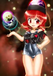 Rule 34 | 1girl, chain, clothes writing, collar, earth (ornament), hecatia lapislazuli, looking at viewer, moon (ornament), off shoulder, one-piece swimsuit, open mouth, red eyes, red hair, school swimsuit, shiny clothes, shirt, short hair, short sleeves, skindentation, smile, solo, swimsuit, swimsuit under clothes, t-shirt, touhou, winn