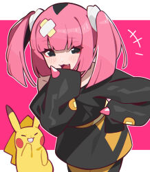 Rule 34 | +++, 1girl, :d, black jacket, blush, commentary request, creatures (company), eyelashes, fang, game freak, gen 1 pokemon, hair ornament, hand on own hip, hand up, highres, jacket, looking at viewer, nintendo, open mouth, outline, pekaso1118n, pikachu, pink background, pink hair, pokemon, pokemon (anime), pokemon (creature), pokemon horizons, raised eyebrows, coral (pokemon), smile, tongue, twintails