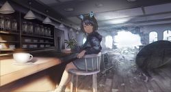 Rule 34 | 1girl, animal ears, bar (place), cafe, chair, cup, fake animal ears, female focus, from side, hood, indoors, jacket, looking at viewer, mogumo, no pants, original, post-apocalypse, red eyes, robot ears, saucer, science fiction, short hair, sitting, solo, teacup, wooden floor